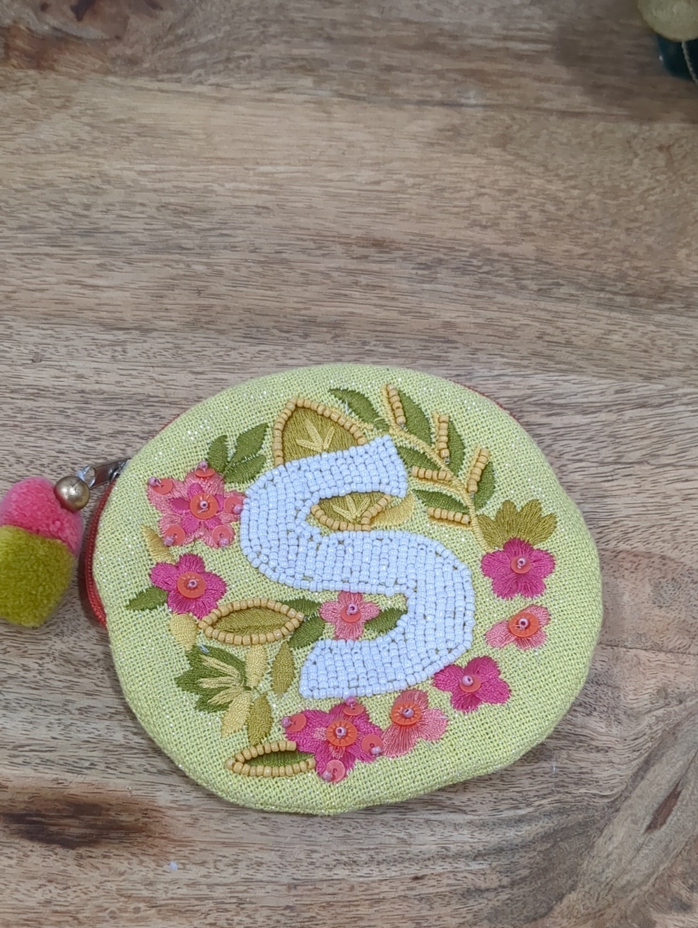 Anthropologie Yellow Embroidered Floral 'S' Coin Pouch